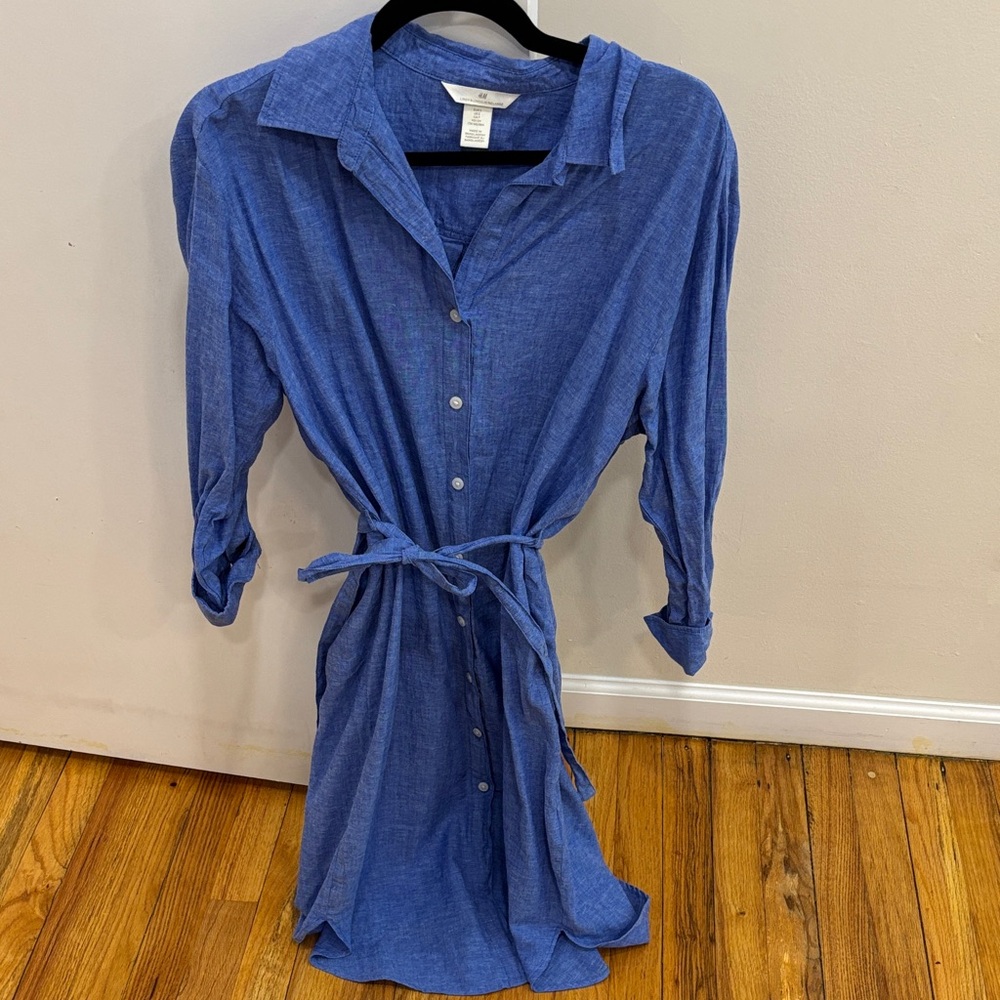 H&M Blue Button-Up Linen Shirt Dress